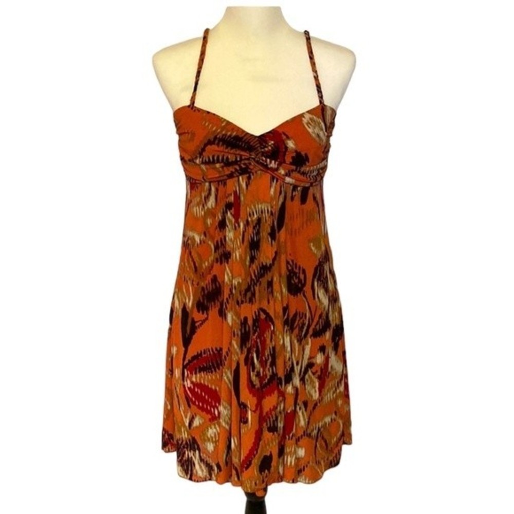 B. SMART summer mini dress. Orange, red, black, taupeand white.